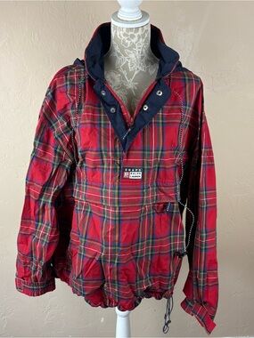 Vintage Chaps Ralph Lauren Red Plaid Hooded Windbreaker Half Zip Pullover XL